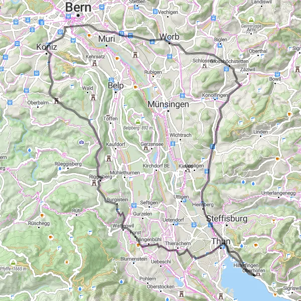 Map miniature of "Viewpoint Road Loop" cycling inspiration in Espace Mittelland, Switzerland. Generated by Tarmacs.app cycling route planner