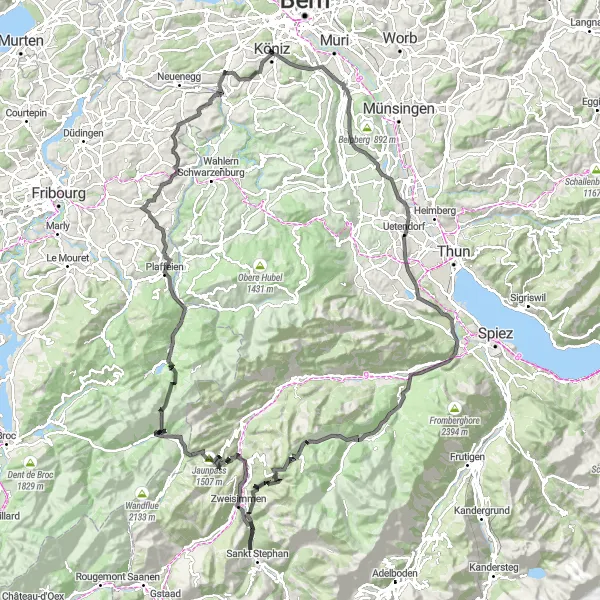 Map miniature of "Köniz Epic Loop" cycling inspiration in Espace Mittelland, Switzerland. Generated by Tarmacs.app cycling route planner