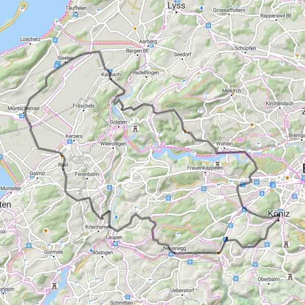 Mapa miniatúra "Okruhová cyklistická trasa cez Köniz" cyklistická inšpirácia v Espace Mittelland, Switzerland. Vygenerované cyklistickým plánovačom trás Tarmacs.app