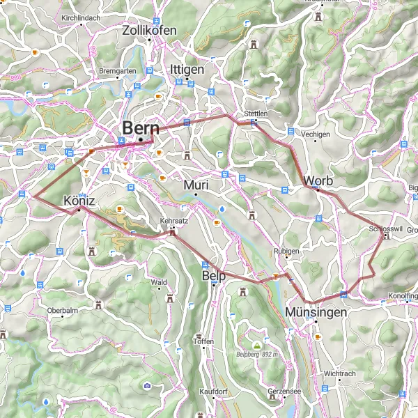 Map miniature of "Belp and Säuhoger Gravel Adventure" cycling inspiration in Espace Mittelland, Switzerland. Generated by Tarmacs.app cycling route planner