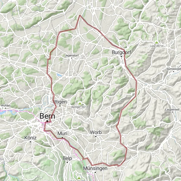 Map miniature of "Gravel Adventure to Kirchberg" cycling inspiration in Espace Mittelland, Switzerland. Generated by Tarmacs.app cycling route planner
