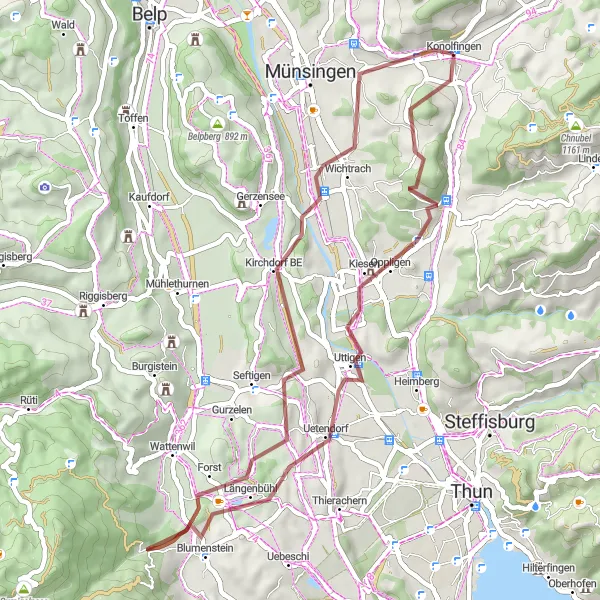 Zemljevid v pomanjšavi "Scenic Gravel Loop near Konolfingen" kolesarske inspiracije v Espace Mittelland, Switzerland. Generirano z načrtovalcem kolesarskih poti Tarmacs.app