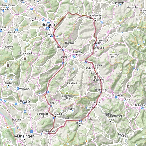 Miniatura della mappa di ispirazione al ciclismo "Giro in bicicletta da Konolfingen - 66 km (ghiaia)" nella regione di Espace Mittelland, Switzerland. Generata da Tarmacs.app, pianificatore di rotte ciclistiche