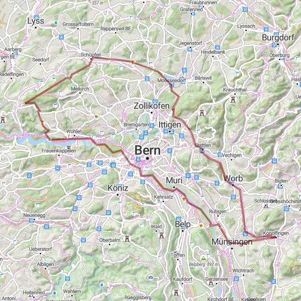 Miniaturekort af cykelinspirationen "Grusvej Cykelrute til Schloss Hünigen" i Espace Mittelland, Switzerland. Genereret af Tarmacs.app cykelruteplanlægger