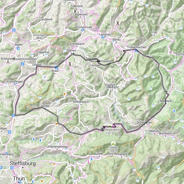 Miniatua del mapa de inspiración ciclista "Ruta en carretera alrededor de Konolfingen" en Espace Mittelland, Switzerland. Generado por Tarmacs.app planificador de rutas ciclistas