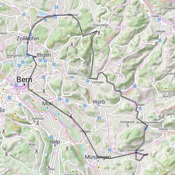 Kartminiatyr av "Rundtur til Muri og Konolfingen" sykkelinspirasjon i Espace Mittelland, Switzerland. Generert av Tarmacs.app sykkelrutoplanlegger