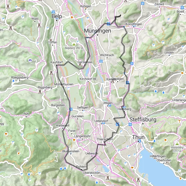 Miniatura della mappa di ispirazione al ciclismo "Road Adventure from Häutligen to Münsingen" nella regione di Espace Mittelland, Switzerland. Generata da Tarmacs.app, pianificatore di rotte ciclistiche