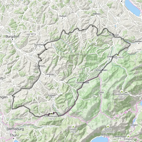 Map miniature of "Zäziwil Adventure" cycling inspiration in Espace Mittelland, Switzerland. Generated by Tarmacs.app cycling route planner