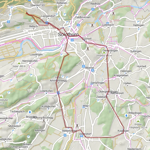 Miniatura della mappa di ispirazione al ciclismo "Tour dei Villaggi intorno a Koppigen" nella regione di Espace Mittelland, Switzerland. Generata da Tarmacs.app, pianificatore di rotte ciclistiche