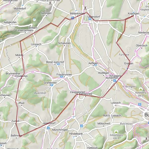 Miniatura della mappa di ispirazione al ciclismo "Tour rilassante tra Kirchberg e Utzenstorf" nella regione di Espace Mittelland, Switzerland. Generata da Tarmacs.app, pianificatore di rotte ciclistiche