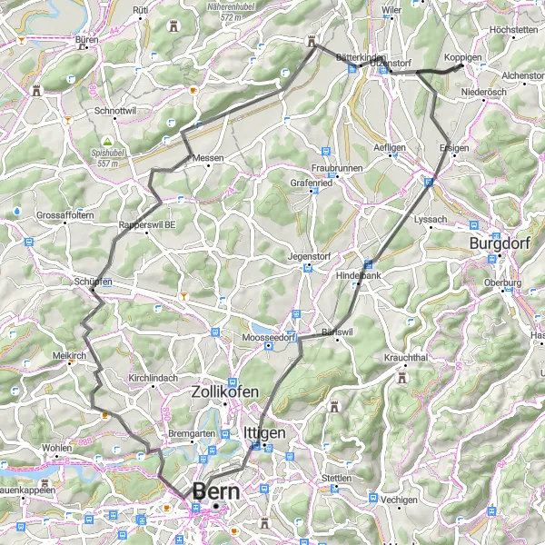 Kartminiatyr av "Eksperimentell Road Cycling Route: Koppigen Loop" sykkelinspirasjon i Espace Mittelland, Switzerland. Generert av Tarmacs.app sykkelrutoplanlegger