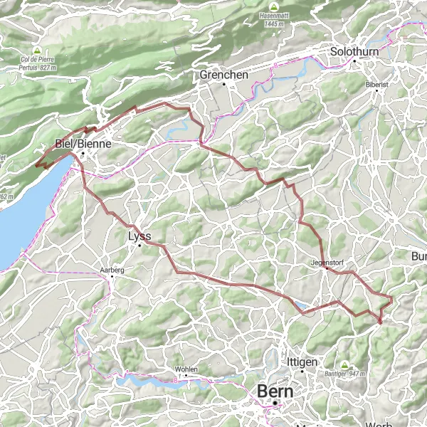 Miniaturekort af cykelinspirationen "Adventure through Challenging Gravel Paths" i Espace Mittelland, Switzerland. Genereret af Tarmacs.app cykelruteplanlægger
