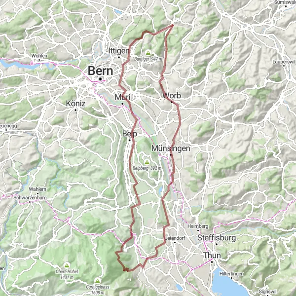 Mapa miniatúra "Gravelová trasa od Worb po Ostermundigen" cyklistická inšpirácia v Espace Mittelland, Switzerland. Vygenerované cyklistickým plánovačom trás Tarmacs.app
