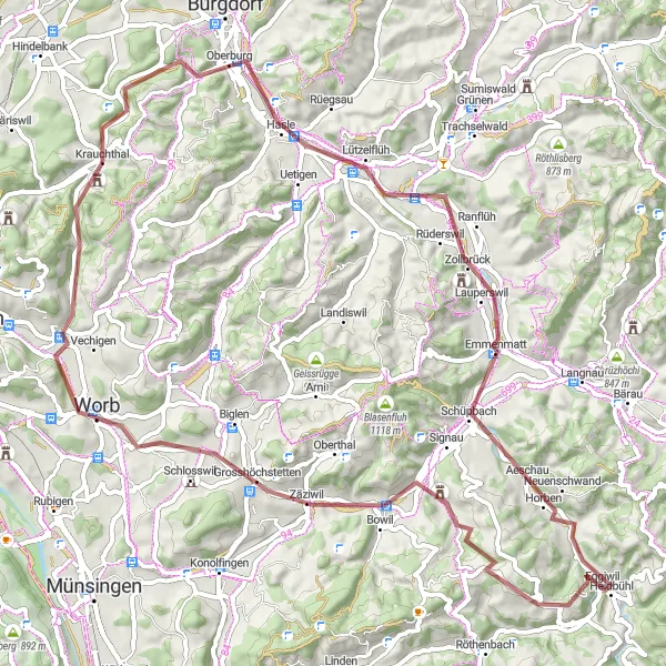 Zemljevid v pomanjšavi "Raziskovanje narave v okolici Krauchthala" kolesarske inspiracije v Espace Mittelland, Switzerland. Generirano z načrtovalcem kolesarskih poti Tarmacs.app