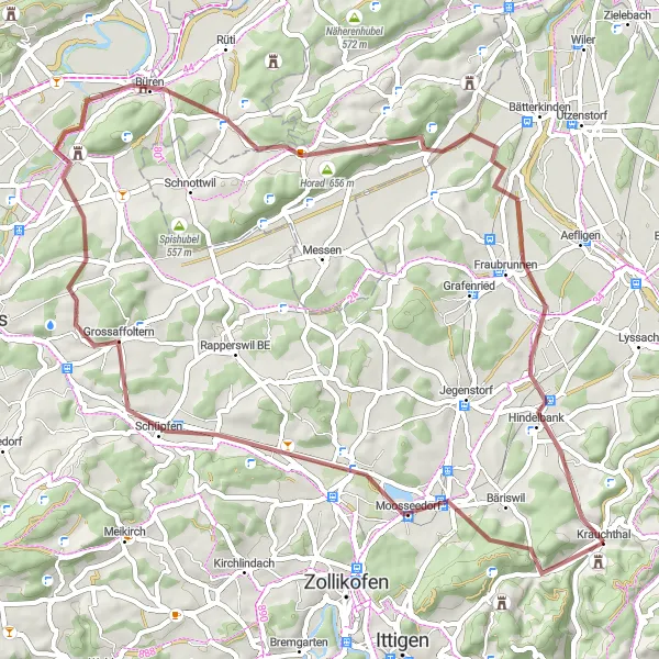 Miniatura della mappa di ispirazione al ciclismo "Avventura Gravel attraverso Grossaffoltern" nella regione di Espace Mittelland, Switzerland. Generata da Tarmacs.app, pianificatore di rotte ciclistiche