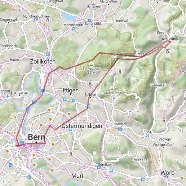 Miniatura della mappa di ispirazione al ciclismo "Giro in Gravel verso Bern" nella regione di Espace Mittelland, Switzerland. Generata da Tarmacs.app, pianificatore di rotte ciclistiche