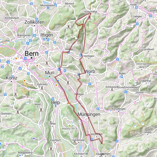 Zemljevid v pomanjšavi "Gravel route from Krauchthal" kolesarske inspiracije v Espace Mittelland, Switzerland. Generirano z načrtovalcem kolesarskih poti Tarmacs.app