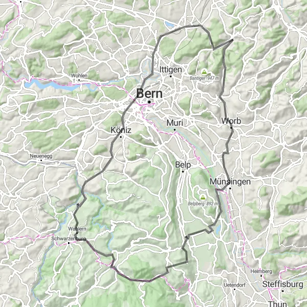 Mapa miniatúra "Krauchthal - Espace Mittelland 85 km Road Cycling Route" cyklistická inšpirácia v Espace Mittelland, Switzerland. Vygenerované cyklistickým plánovačom trás Tarmacs.app
