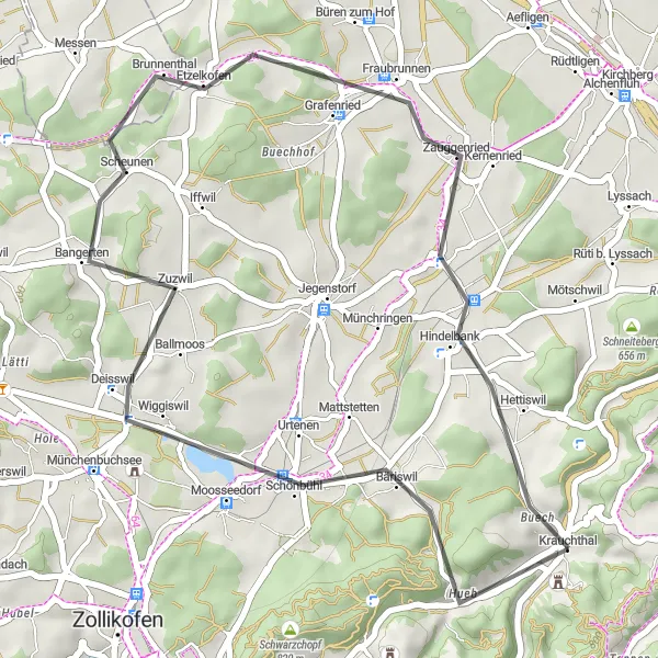 Miniatua del mapa de inspiración ciclista "Ruta corta de ciclismo de carretera en los alrededores" en Espace Mittelland, Switzerland. Generado por Tarmacs.app planificador de rutas ciclistas