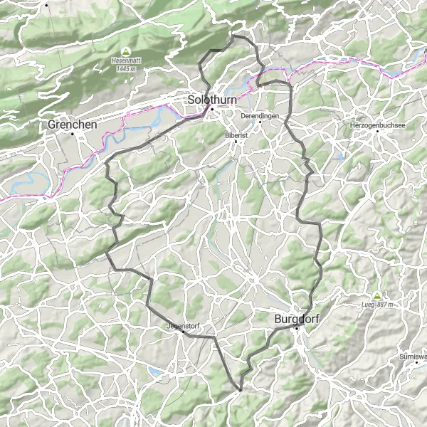 Zemljevid v pomanjšavi "Road route near Krauchthal" kolesarske inspiracije v Espace Mittelland, Switzerland. Generirano z načrtovalcem kolesarskih poti Tarmacs.app