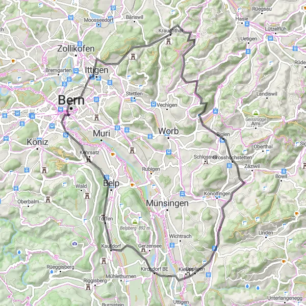 Miniatura della mappa di ispirazione al ciclismo "Circuito Panoramico tra Kaufdorf e Berna" nella regione di Espace Mittelland, Switzerland. Generata da Tarmacs.app, pianificatore di rotte ciclistiche