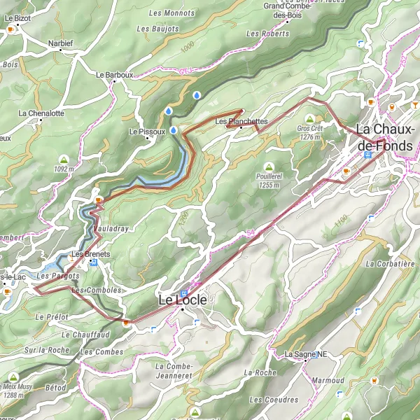 Map miniature of "La Chaux-de-Fonds to Chouette Hulotte Gravel Route" cycling inspiration in Espace Mittelland, Switzerland. Generated by Tarmacs.app cycling route planner