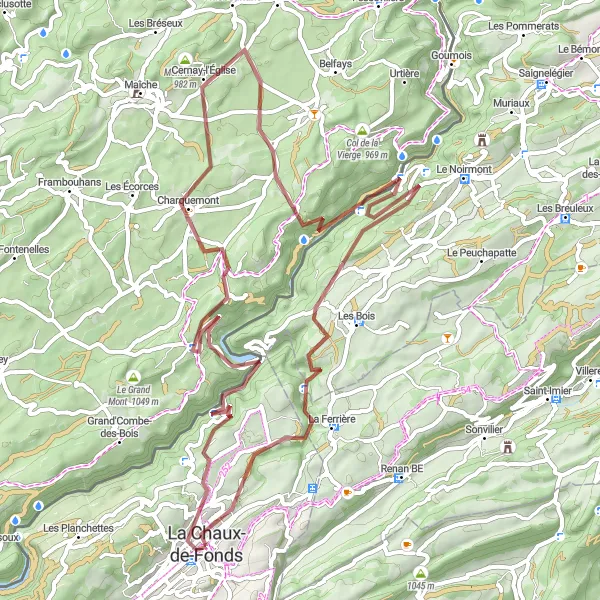 Map miniature of "La Chaux-de-Fonds to La Maison Blanche Gravel Route" cycling inspiration in Espace Mittelland, Switzerland. Generated by Tarmacs.app cycling route planner