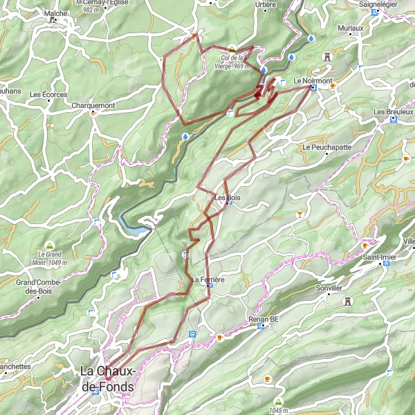 Map miniature of "La Chaux-de-Fonds to Âne Gravel Route" cycling inspiration in Espace Mittelland, Switzerland. Generated by Tarmacs.app cycling route planner