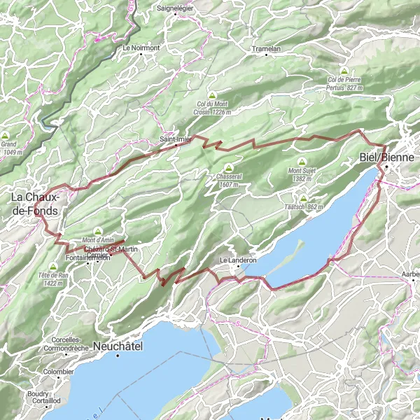 Zemljevid v pomanjšavi "Gravel kolesarska pot čez Petit Chasseral" kolesarske inspiracije v Espace Mittelland, Switzerland. Generirano z načrtovalcem kolesarskih poti Tarmacs.app