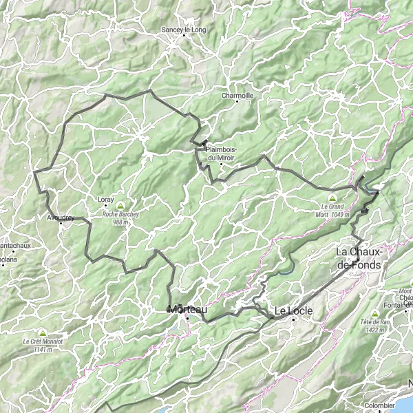 Miniaturní mapa "Tour de Montagnes" inspirace pro cyklisty v oblasti Espace Mittelland, Switzerland. Vytvořeno pomocí plánovače tras Tarmacs.app