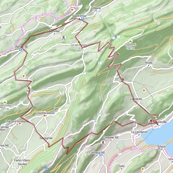Miniature de la carte de l'inspiration cycliste "Les Montagnes du Chasseral" dans la Espace Mittelland, Switzerland. Générée par le planificateur d'itinéraire cycliste Tarmacs.app