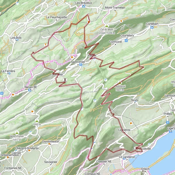 Miniatura della mappa di ispirazione al ciclismo "Giro del Chasseral" nella regione di Espace Mittelland, Switzerland. Generata da Tarmacs.app, pianificatore di rotte ciclistiche