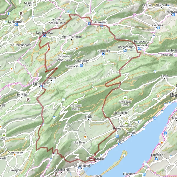 Miniatua del mapa de inspiración ciclista "Desafío en bicicleta de grava desde La Neuveville" en Espace Mittelland, Switzerland. Generado por Tarmacs.app planificador de rutas ciclistas