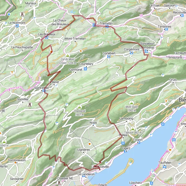 Map miniature of "Gravel Adventure" cycling inspiration in Espace Mittelland, Switzerland. Generated by Tarmacs.app cycling route planner