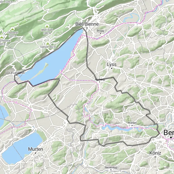 Miniatua del mapa de inspiración ciclista "Ruta de ciclismo en carretera de La Neuveville" en Espace Mittelland, Switzerland. Generado por Tarmacs.app planificador de rutas ciclistas