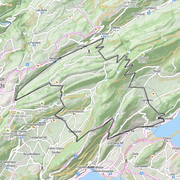 Mapa miniatúra "Okolo jezera Bienne a vrcholu Chasseral" cyklistická inšpirácia v Espace Mittelland, Switzerland. Vygenerované cyklistickým plánovačom trás Tarmacs.app