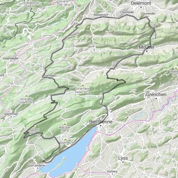 Miniaturní mapa "Cyklistická cesta kolem Jura" inspirace pro cyklisty v oblasti Espace Mittelland, Switzerland. Vytvořeno pomocí plánovače tras Tarmacs.app