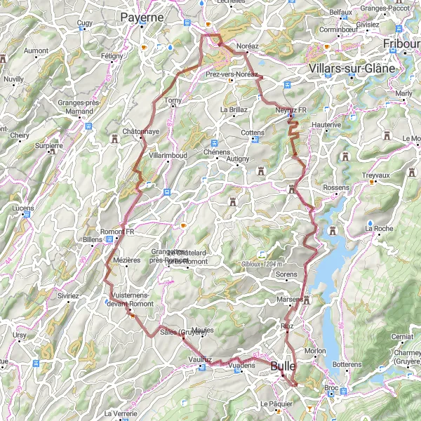 Miniatua del mapa de inspiración ciclista "Ruta de Gravel a Vuippens" en Espace Mittelland, Switzerland. Generado por Tarmacs.app planificador de rutas ciclistas
