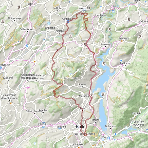 Miniaturní mapa "Výlet gravelovou cestou k La Tour-de-Trême" inspirace pro cyklisty v oblasti Espace Mittelland, Switzerland. Vytvořeno pomocí plánovače tras Tarmacs.app