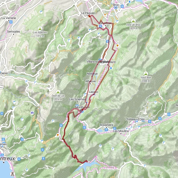 Miniatua del mapa de inspiración ciclista "Ruta de Gravel a Le Pâquier" en Espace Mittelland, Switzerland. Generado por Tarmacs.app planificador de rutas ciclistas