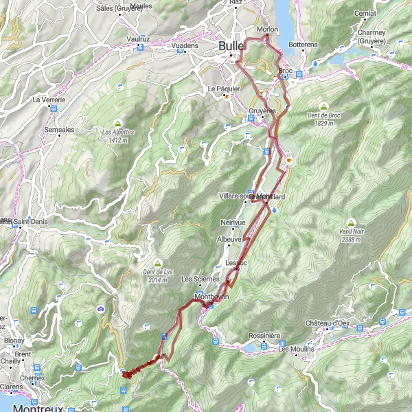 Miniatua del mapa de inspiración ciclista "Ruta de Gravel a Montbovon" en Espace Mittelland, Switzerland. Generado por Tarmacs.app planificador de rutas ciclistas
