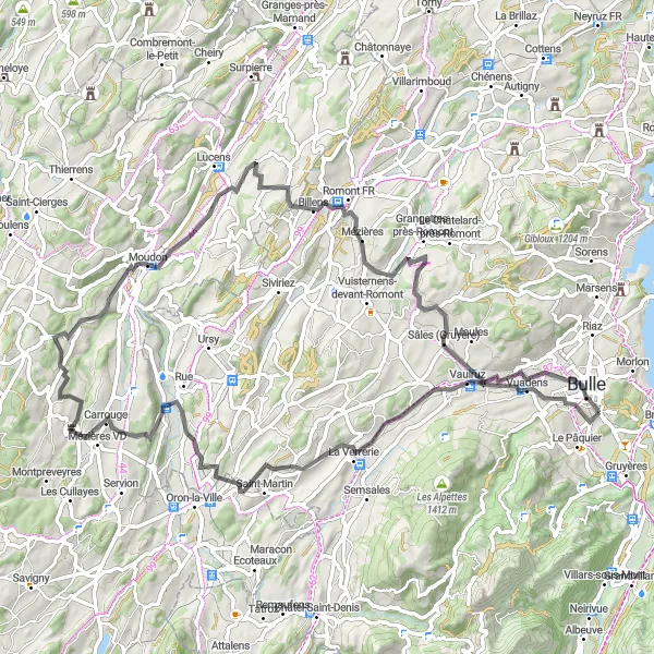 Miniaturní mapa "Road Route to Curtilles Castle" inspirace pro cyklisty v oblasti Espace Mittelland, Switzerland. Vytvořeno pomocí plánovače tras Tarmacs.app