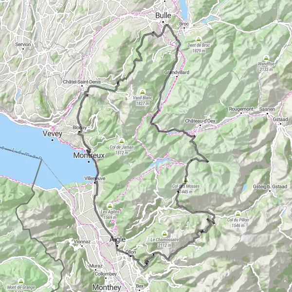 Miniaturekort af cykelinspirationen "Alpenruten til Teysachaux" i Espace Mittelland, Switzerland. Genereret af Tarmacs.app cykelruteplanlægger