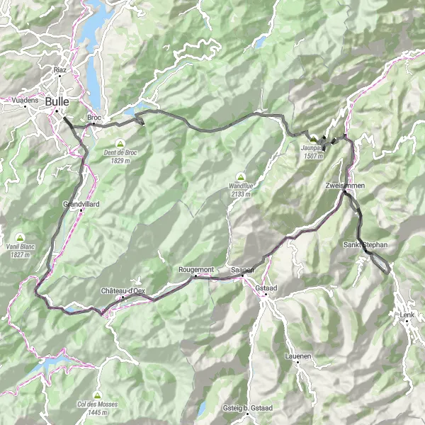 Mapa miniatúra "Road Jaunpass Challenge" cyklistická inšpirácia v Espace Mittelland, Switzerland. Vygenerované cyklistickým plánovačom trás Tarmacs.app
