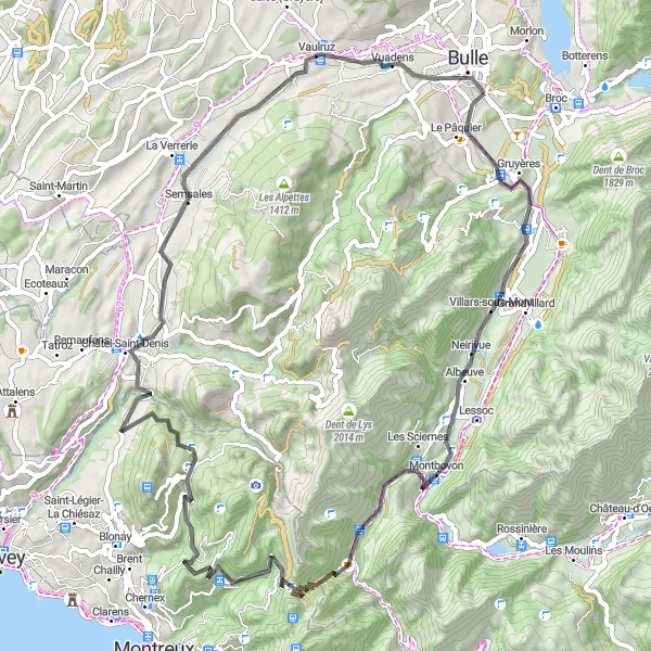 Miniatua del mapa de inspiración ciclista "Ruta Escénica a Vuadens" en Espace Mittelland, Switzerland. Generado por Tarmacs.app planificador de rutas ciclistas