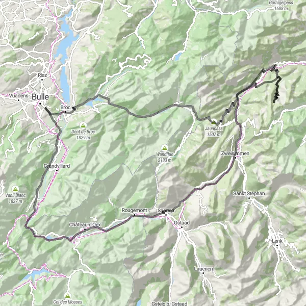 Map miniature of "Tour-de-Trême to Gruyères Castle and back" cycling inspiration in Espace Mittelland, Switzerland. Generated by Tarmacs.app cycling route planner