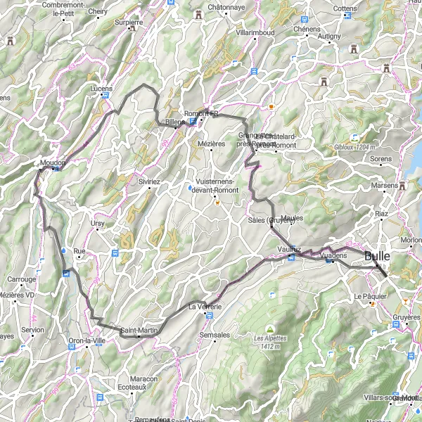 Map miniature of "The Gruyère Loop" cycling inspiration in Espace Mittelland, Switzerland. Generated by Tarmacs.app cycling route planner