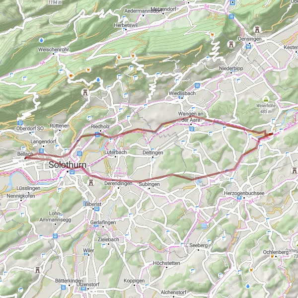 Miniature de la carte de l'inspiration cycliste "Les collines autour de Langendorf" dans la Espace Mittelland, Switzerland. Générée par le planificateur d'itinéraire cycliste Tarmacs.app