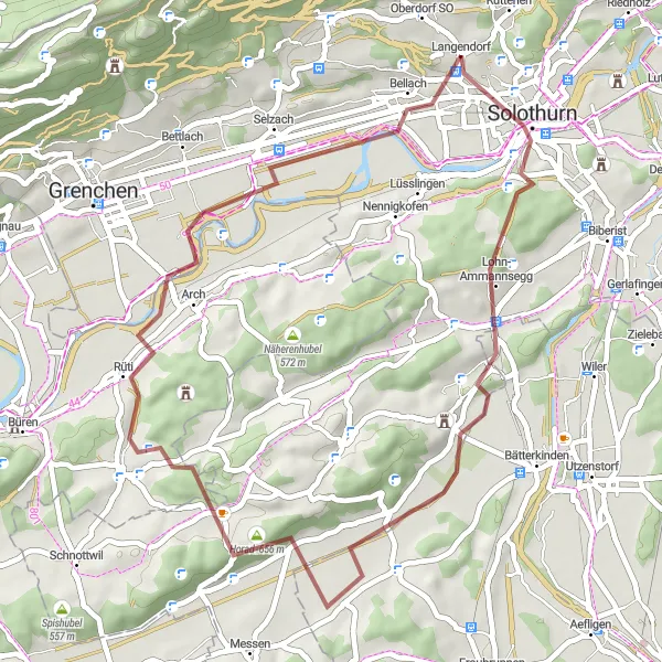 Mapa miniatúra "Gravel Tour to Hubel" cyklistická inšpirácia v Espace Mittelland, Switzerland. Vygenerované cyklistickým plánovačom trás Tarmacs.app