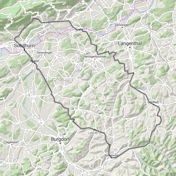 Map miniature of "Scenic Road Cycling Route" cycling inspiration in Espace Mittelland, Switzerland. Generated by Tarmacs.app cycling route planner